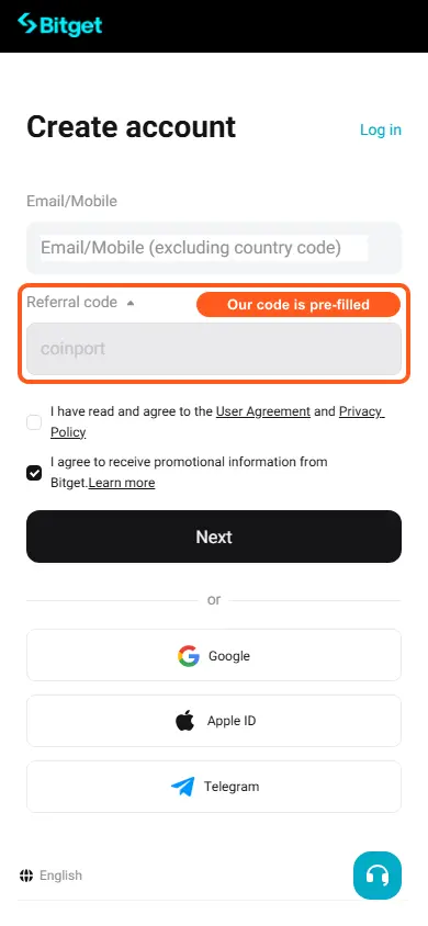 Bitget's Create account screen on a phone-sized browser, opened through coinport's link. The Referral code field, outlined in orange with the label Our code is pre-filled, is greyed out and reads coinport, under the Email/Mobile field and above the agreement checkboxes and the Next button.