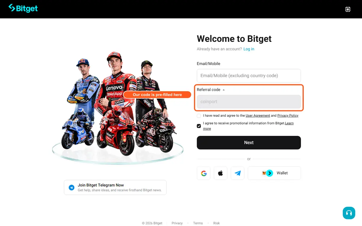 Bitget's Welcome to Bitget sign-up form in a desktop browser, opened through coinport's link. An Email/Mobile field sits above a greyed-out Referral code field that already reads coinport, outlined in orange with the label Our code is pre-filled here; below it are an unticked User Agreement checkbox, a ticked promotional-messages checkbox and a black Next button.