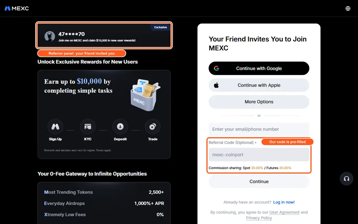 MEXC's invitation page in a desktop browser, opened through coinport's link. Top left, outlined in orange, is a dark panel with the masked referrer name 47****70 and the text Join me on MEXC and claim $10,000 in new user rewards. On the right, under the headline Your Friend Invites You to Join MEXC and the email/phone field, the Referral Code (Optional) field is outlined in orange, labelled Our code is pre-filled, and reads mexc-coinport.