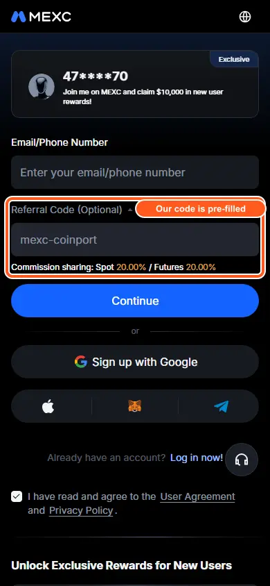 MEXC's invitation page on a phone-sized browser, opened through coinport's link. Below the referrer panel and the Email/Phone Number field, the Referral Code (Optional) field is outlined in orange, labelled Our code is pre-filled, and reads mexc-coinport, with a Commission sharing line for spot and futures underneath and a Continue button below that.