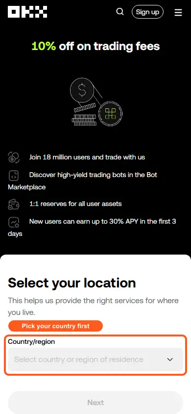 OKX's Select your location screen on a phone-sized browser, opened through coinport's link. Under the 10% off on trading fees banner, the Country/region drop-down, outlined in orange with the label Pick your country first, still shows its placeholder Select country or region of residence, and the Next button is greyed out until a country is chosen.