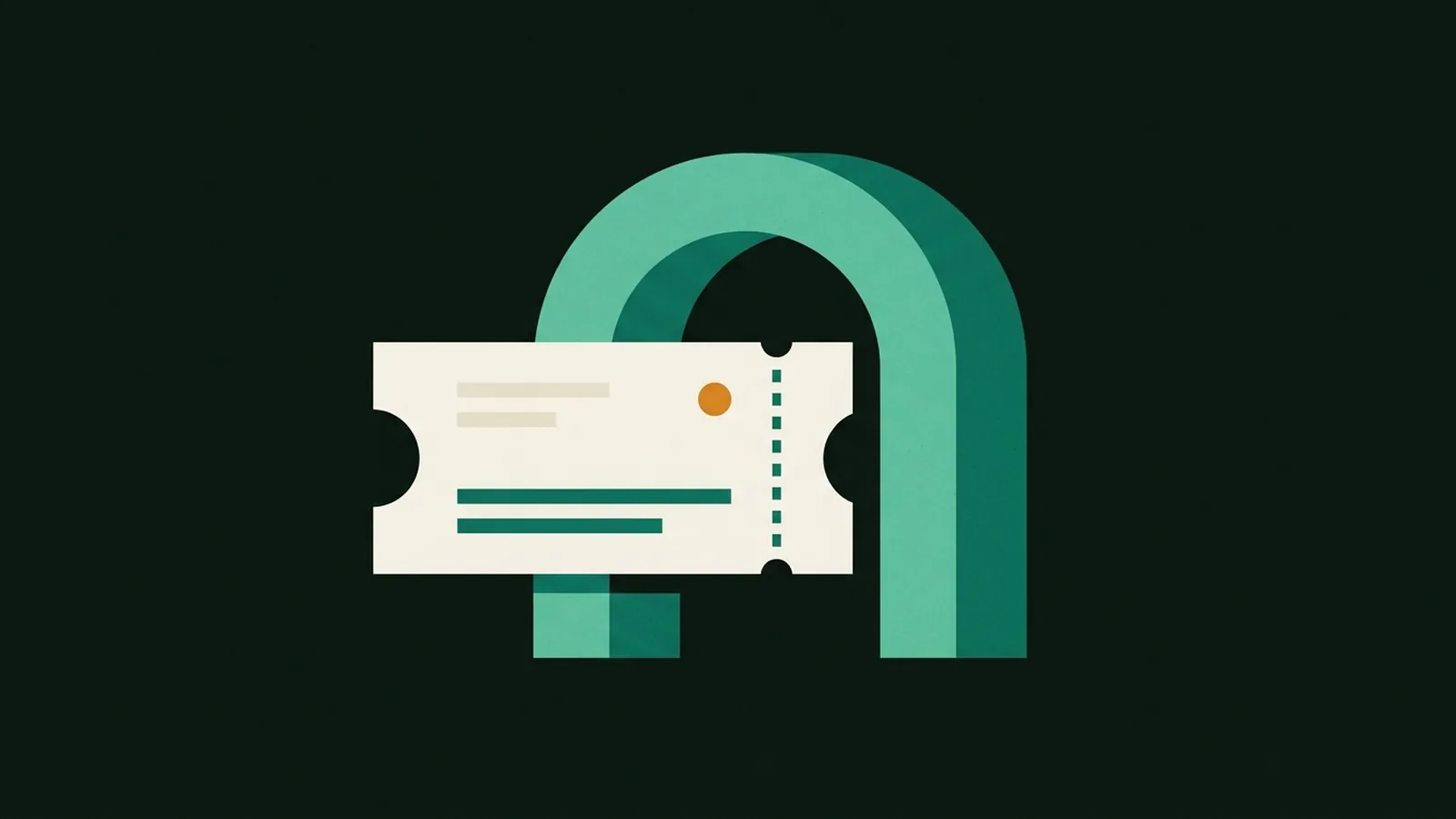 Perforated cream coupon with plain lines and one orange dot, passing in front of a mint arch.