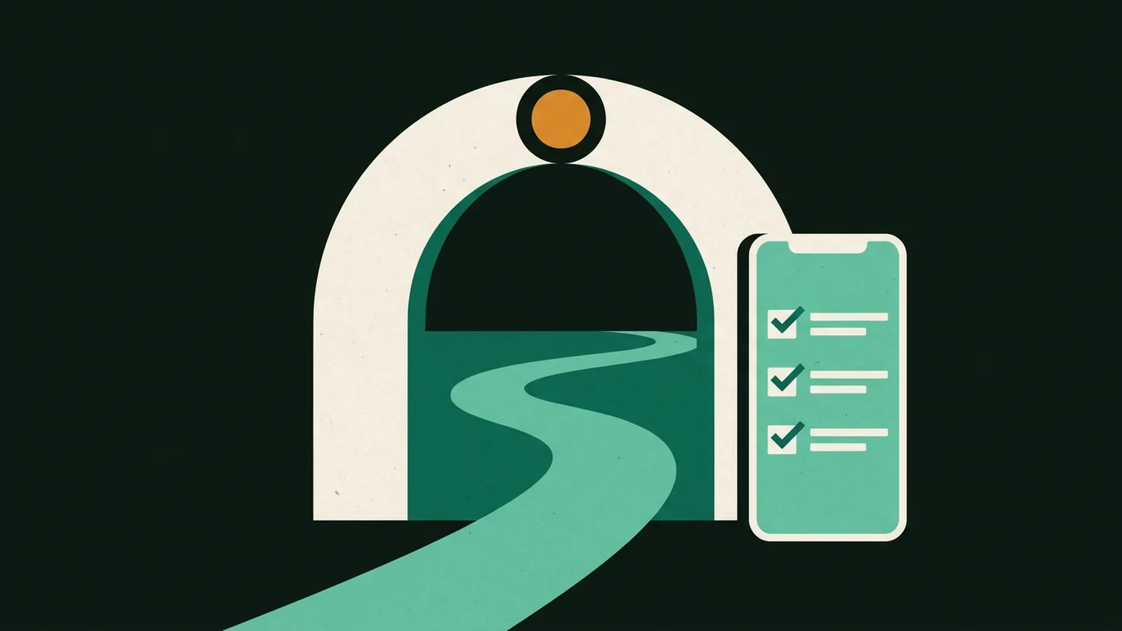 Cream arch gateway with a small orange dot on top, a mint path running through it, and a phone beside it showing a three-item checklist.